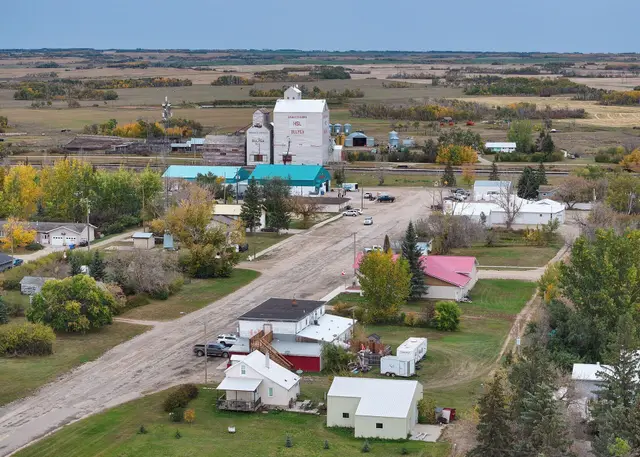 Aerial view of Bulyea with grain elevator